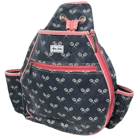 Ame & Lulu Handbags - Stylish Blue Canvas White Tennis Racket Patternand Pink Accents Tennis Backpack